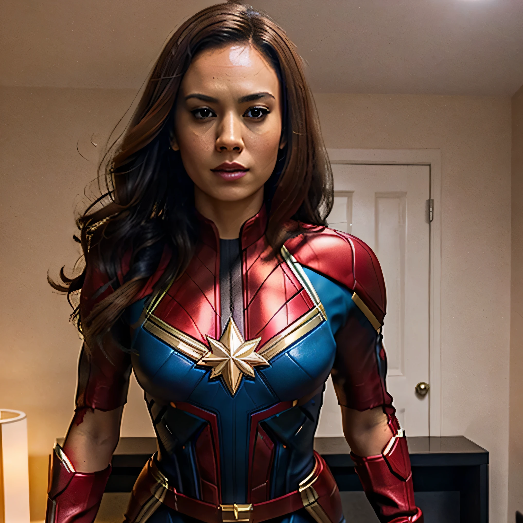 beautiful thin tan brunette woman dressed as Captain Marvel