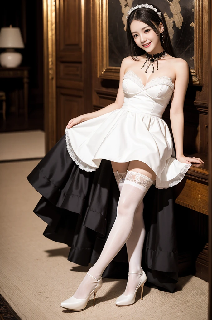 (Only one person), Pure Japanese young girl, outstanding body, white skin, wearing white gothic ta style dress and accessories, white stockings, classical high heels, vivid makeup and lips, thick eyebrows, arranged hair styles, sweet smile, sitting in antique gothic style interior, summer midnight, pop atmosphere, dazzle me, professional photography,