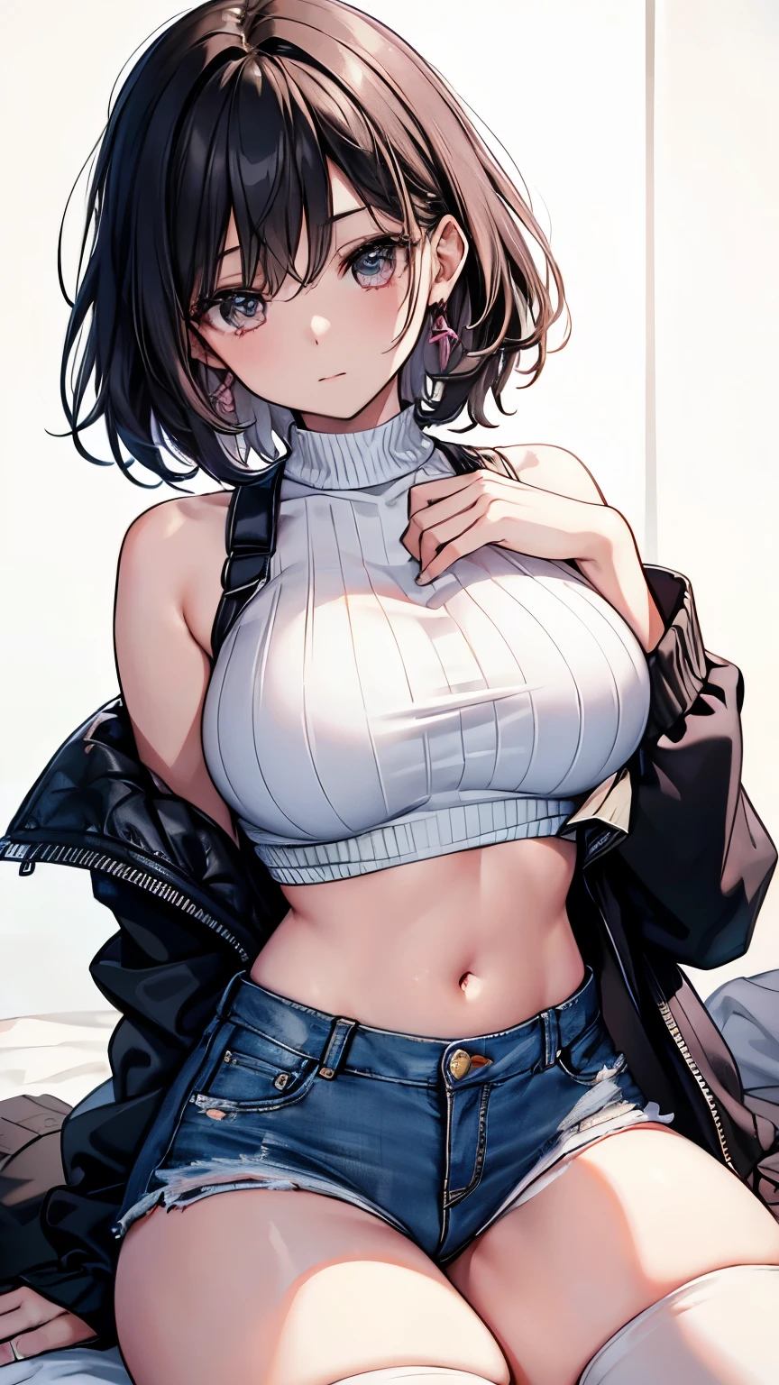 20 years old,1 mature woman,hyperrealistic, 8k, (extremely detailed 8k), (very delicate and beautiful), (masterpiece), (better quality:1.0), (ultra high resolution:1.0), (masterpiece, best quality),cute,black hair,cowboy shot,white background,realistic skin,Crop Top, Denim Shorts, Striped Knee Socks,breast hold,big breasts,excited,pink nail,tanned skin,forehead