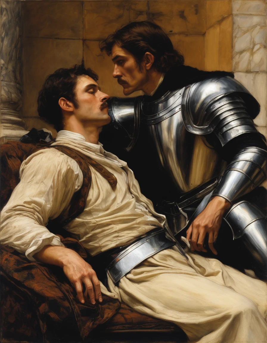((Masterpiece, best quality, oil painting, male focus)), (by James Tissot, John William Waterhouse, J. C. Leyendecker), (((the half body reclined portrait of 2 male lovers, a knight and a mage, comforting each other, tense, bored and frustrated, blushing, sullen)))