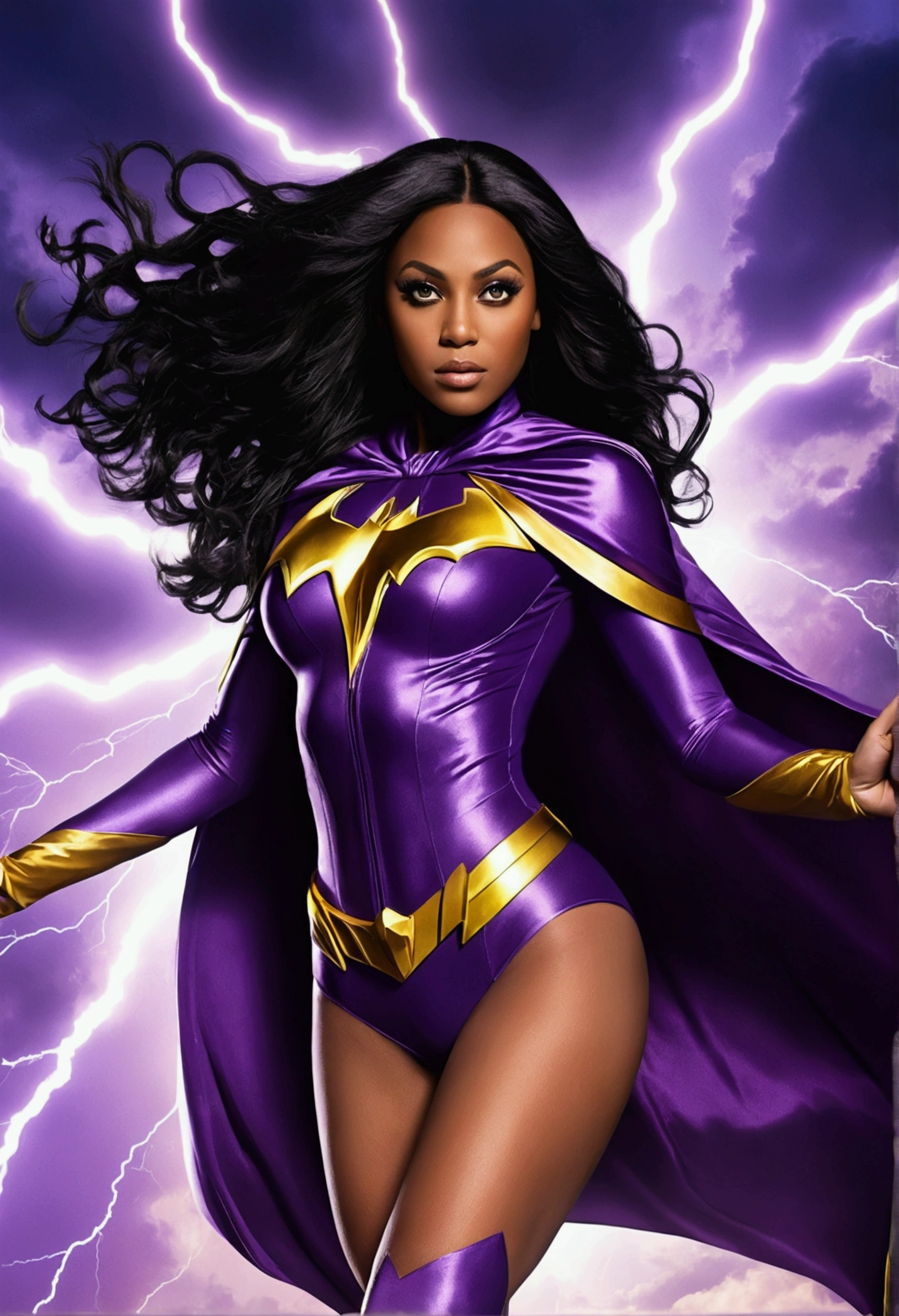 Bwyoncé with a purple superhero costume and a cape, long black hair that reaches her buttocks, flyiing in the sky and attracts lightning