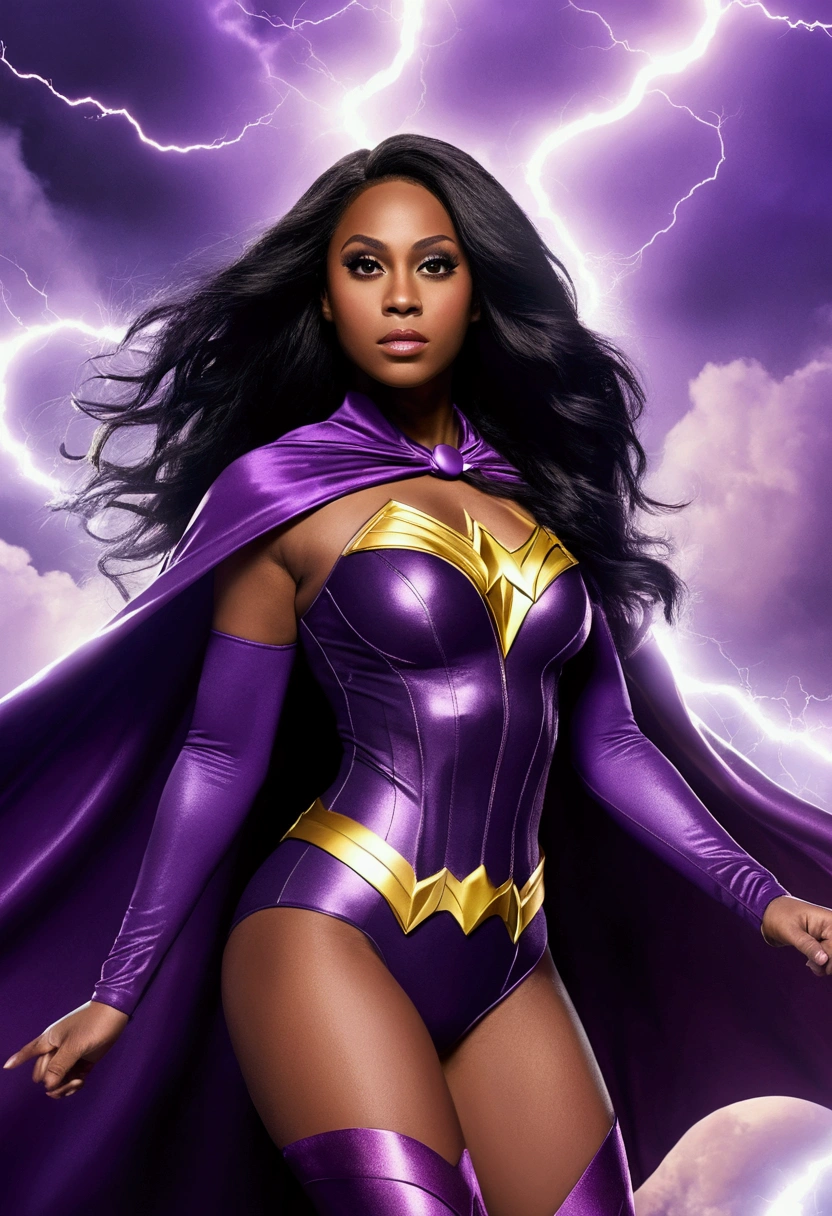 Bwyoncé with a purple superhero costume and a cape, long black hair that reaches her buttocks, flyiing in the sky and attracts lightning