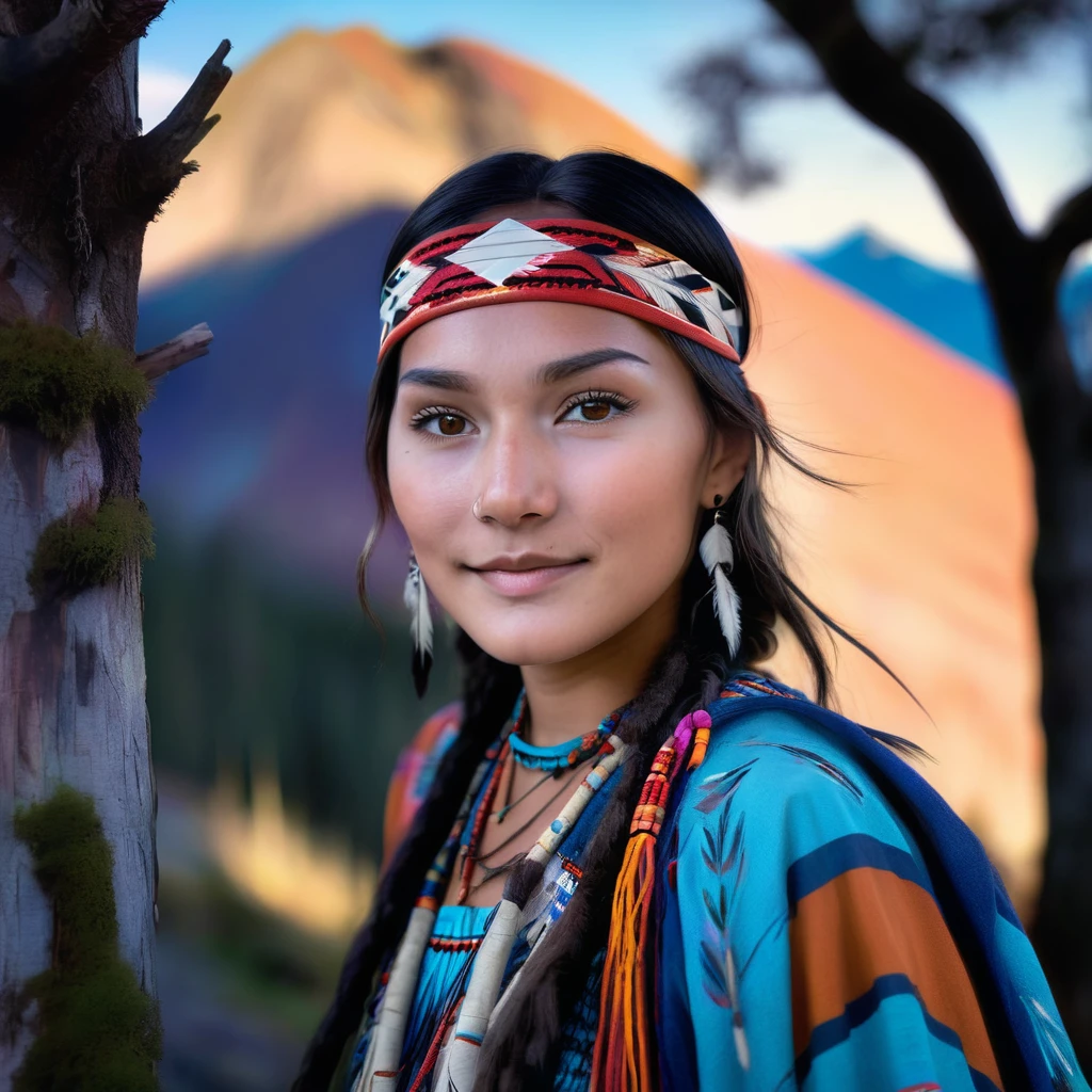 (grainy:0.5), cinematic, beautiful girl,native american,fantasy,(solo:1.3), detailed eyes, detailed face, detailed native american clothing , volumetric lighting, dusk, extremely detailed background, standing next to tree and mountain, smiling, half closed eyes, tilted head, from side