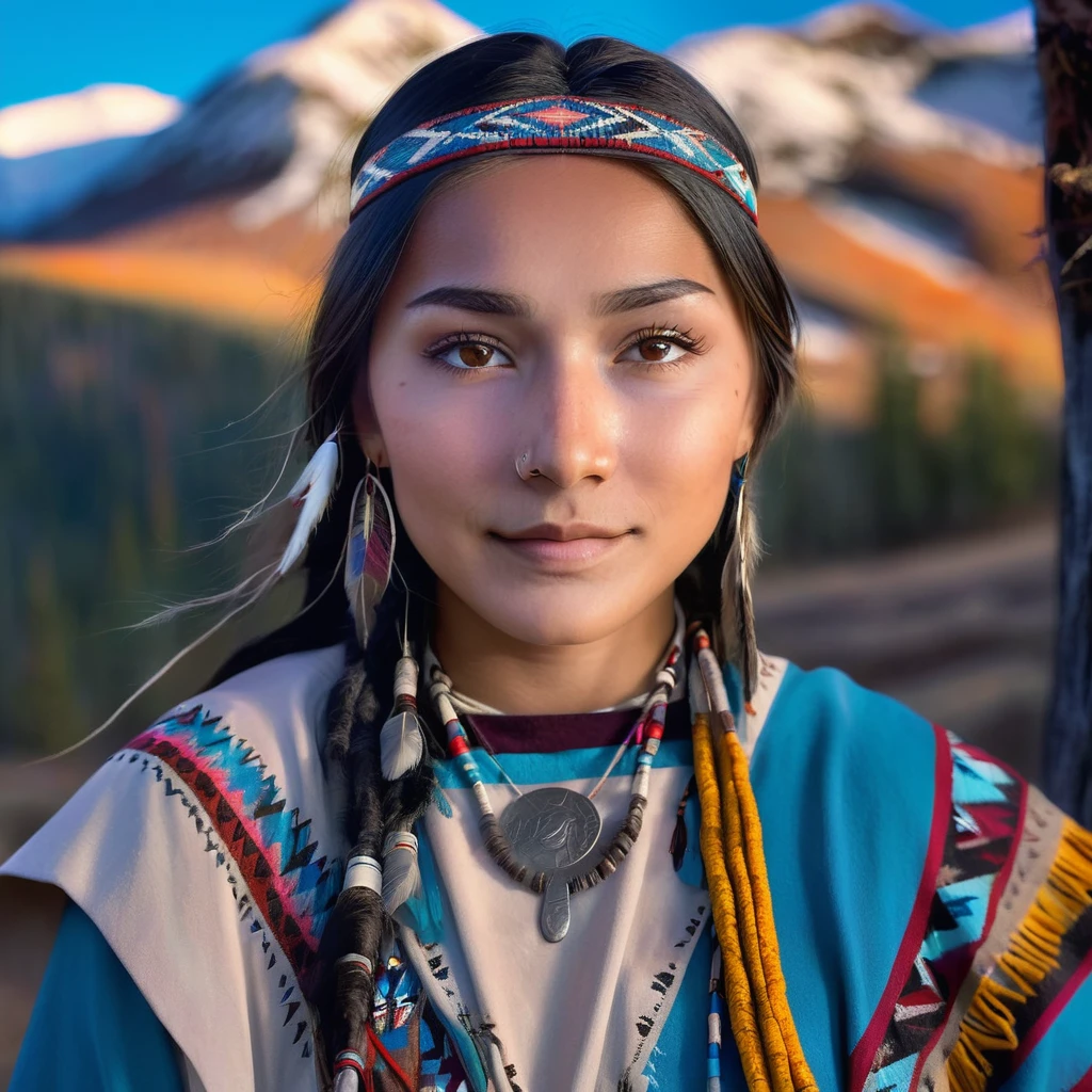 (grainy:0.5), cinematic, beautiful girl,native american,fantasy,(solo:1.3), detailed eyes, detailed face, detailed native american clothing , volumetric lighting, dusk, extremely detailed background, standing next to tree and mountain, smiling, half closed eyes, tilted head, from side