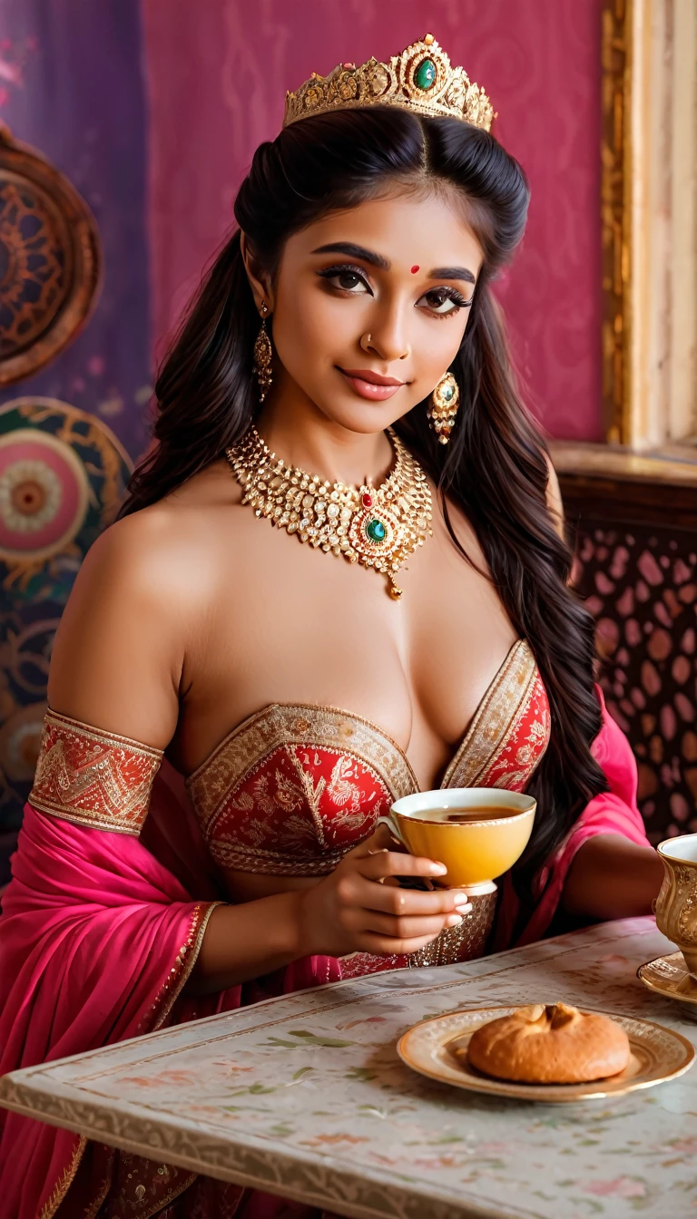 a portrait of indian princess with a cup of tea at a tea party, colorful party, realistic, beautiful, sexy