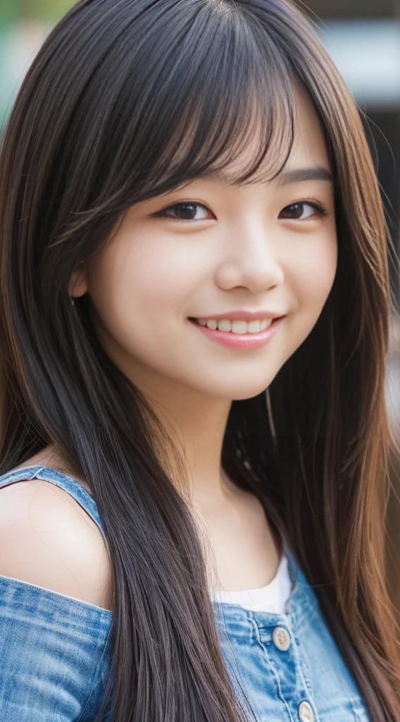 close up shot、look at the camera、(high quality, High resolution, Super detailed, realistic:1.37), ((long hair))、、B cup、Features beautiful details, cute(smile 1.6), ⦅black hair⦆、Tokyo'Latest gray fluffy winter clothes、city