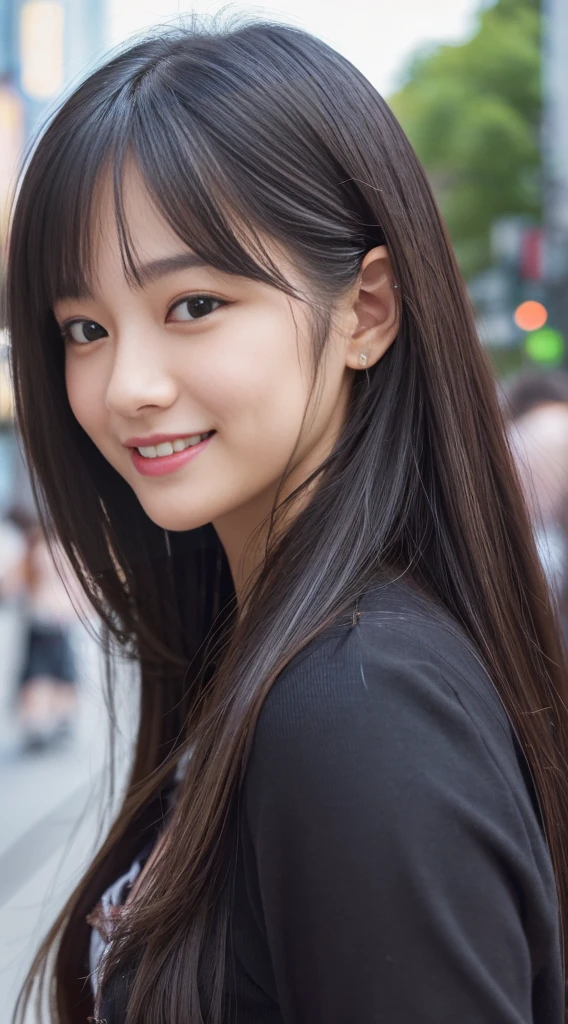 close up shot、look at the camera、(high quality, High resolution, Super detailed, realistic:1.37), ((long hair))、、B cup、Features beautiful details, cute(smile 1.6), ⦅black hair⦆、Tokyo'Latest gray fluffy winter clothes、city