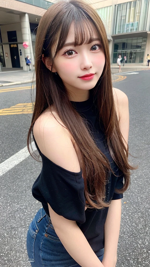 highest quality, shape, Very detailed, finely, High resolution, 8k wallpaper, Perfect dynamic shape, Beautiful and detailed, Summer clothes,Medium Hair,Natural color lip,smile,20-year-old girl、Midnight、Beautiful and elaborate face、Perfect and beautiful face、Slim face and figure,spread your arms wide,Big eyes,Take a photo with your face raised from below your knees、Small face、Beautifully detailed face、Perfect and beautiful double eyelids、Big cleavage、Long, Slender legs、One Woman、gravure、Skinny jeans、Watching the audience、runVery long hair, Blushing, 