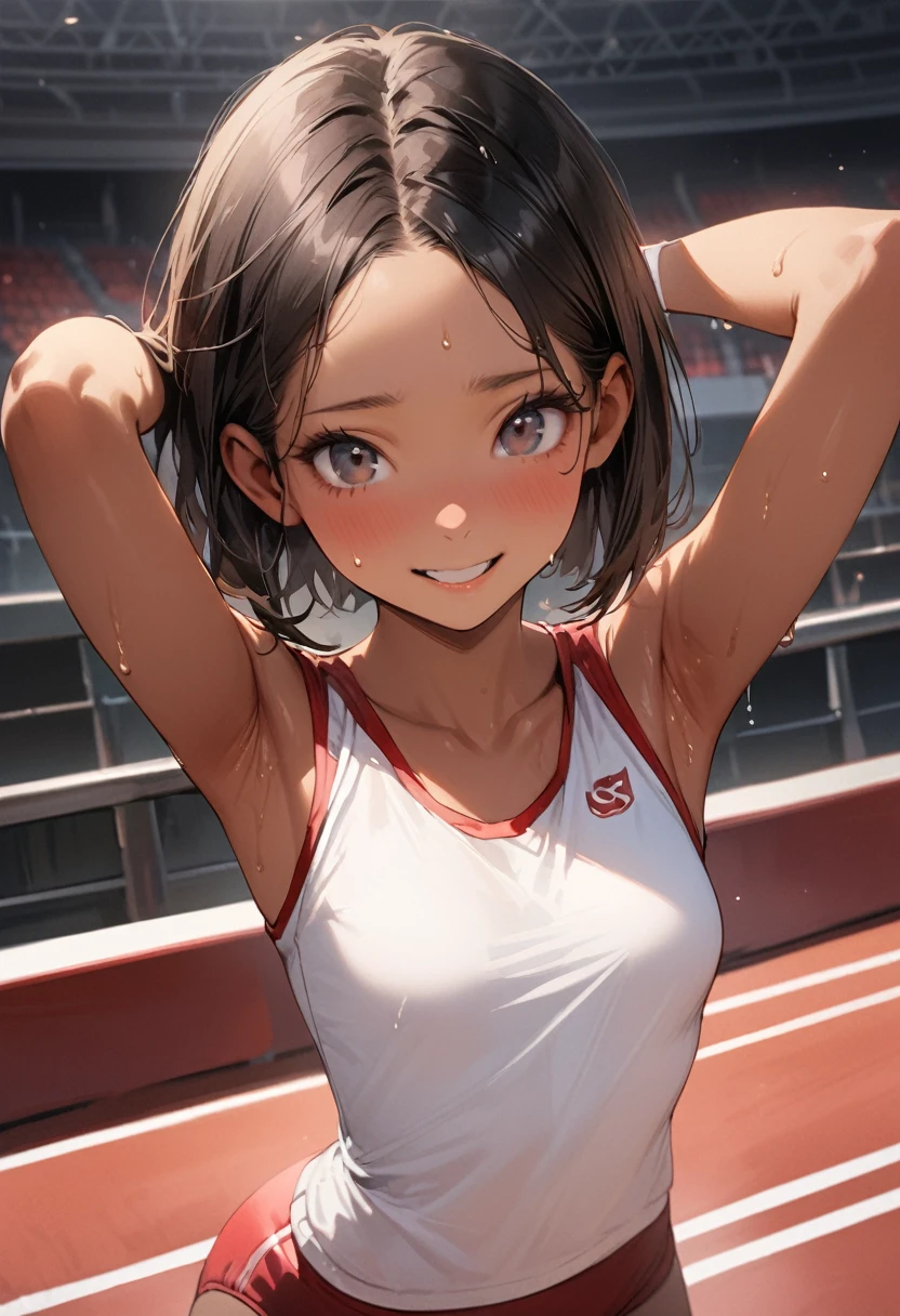 ((masterpiece,Highest quality:1.3,best quality illustration)),((realistic:1.2)),cowboy shot,独奏,1woman,18 year old beauty、black hair,short bob hair,(center parted bangs),black eyes,(gorgeous big eyes),((very small head:1.4)),shy,smile,((slender body:1.2,skinny)),(tan skin:1.4),small breasts,(White tank top、school gym red buruma),gleaming skin,oily skin,slender body,sweat,arms up,Show off your armpits、Athletics Stadium、Tokyo、