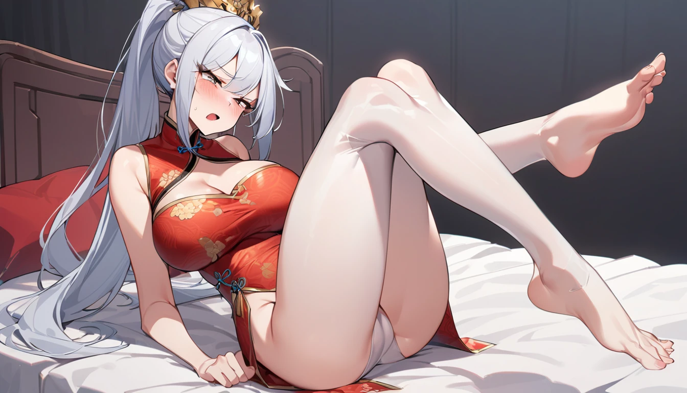 A queen wearing a tight ancient cheongsam,He wears white leggings,Sitting on the bed,Stick out your feet,Feet slightly upturned,Thin waist,Thin legs,Big breasts,Big butt,Wearing a high ponytail,Sexy clothes,Open your mouth,Squinting,shy