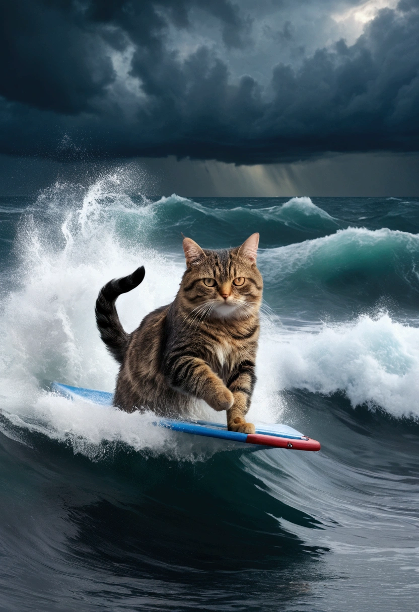 Zoom in on a cat drifting on the sea with strong waves and a storm behind it.