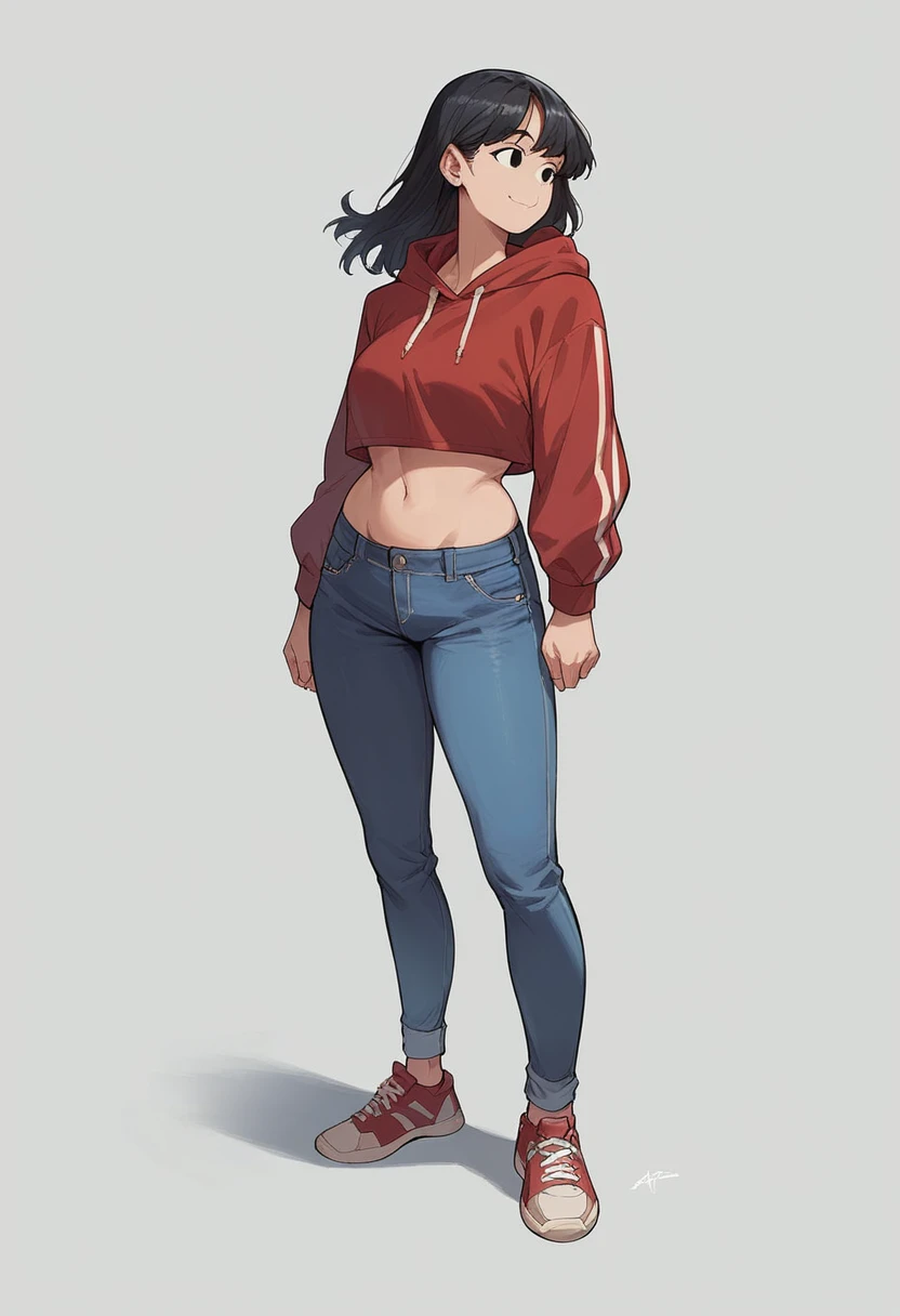 Score_9, Score_8_up, Score_7_up, 1 girl, black hair, black eyes, curvy figure, smile, jeans, red hoodie, sneakers, navel, large bust, barefoot, front view, looking forward, standing, simple background, white background,