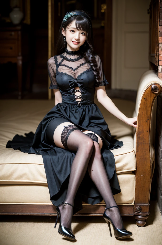 (Only one person), Pure Japanese young girl, wearing colorful gothic ta style dress and accessories, stockings, high heels, vivid makeup and lips, thick eyebrows, arranged hair styles, sweet smile, sitting in antique gothic style interior, summer midnight, pop atmosphere, dazzle me, professional photography,