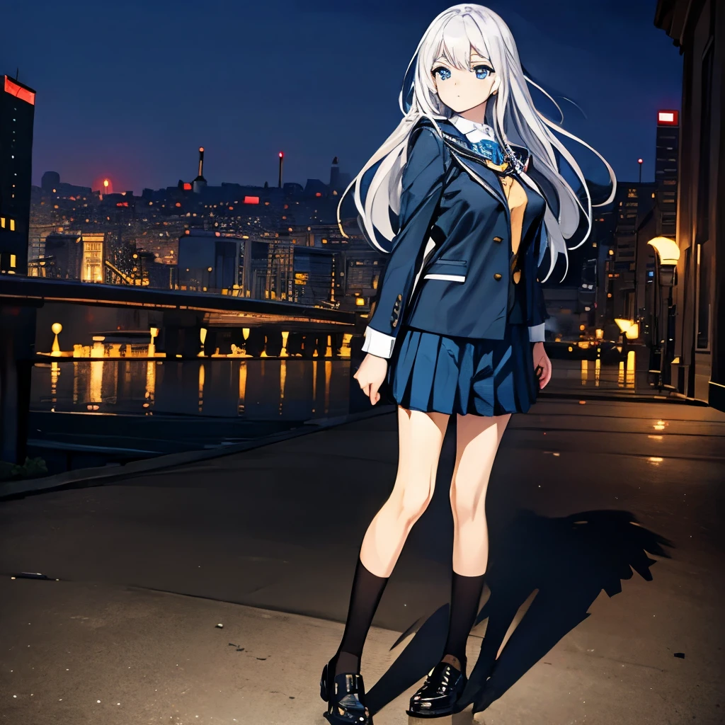 big tits,  1girl, outdoor, night city,  silver hair, blue eyes, emotionless, detailed face, view at camera, , nectie, school unifom, fullbody