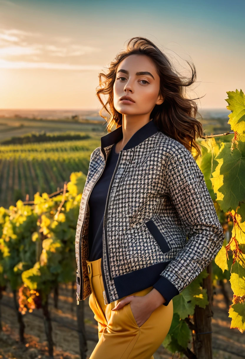 ((best quality)), ((masterpiece)), (detailed), full body shot, fashion photo shot, dynamic pose, dynamic angle, sunsetting in the background, young italian woman, wearing Dior apparel. she is looking off at the sunset, vineyard