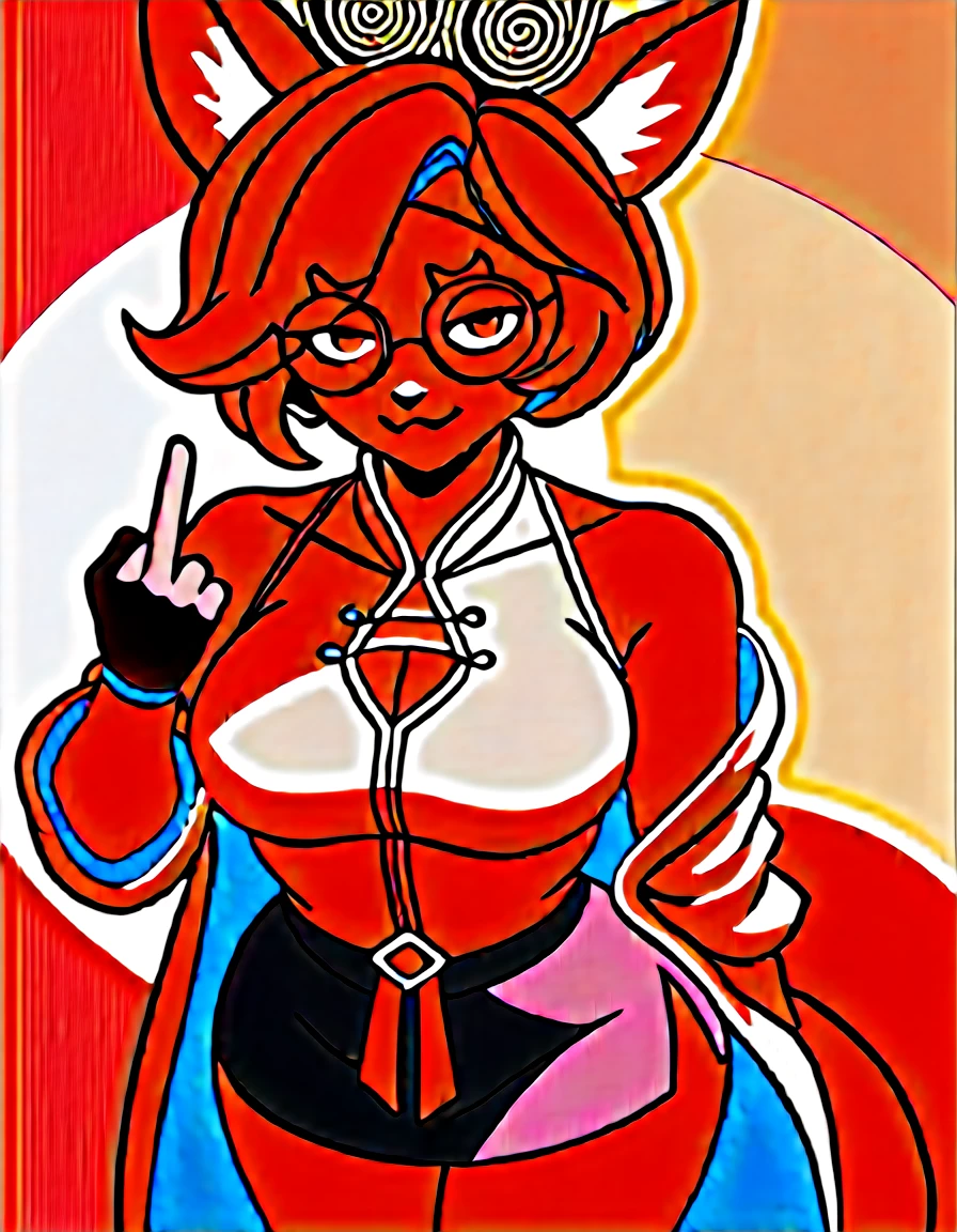 score_9, score_7_up score_6_up, score_5_up, source_furry, BREAK Anthro, antbro furry arctics fox, fox ears and tail, snout, one eye covered,purah,hair ornament, red headband, red glasses, sleeveless shirt, white coat, black skirt, red leggings, gloves,from above,looking at viewer,abstract background,flower petals,light particles,smug,closed mouth,middle finger