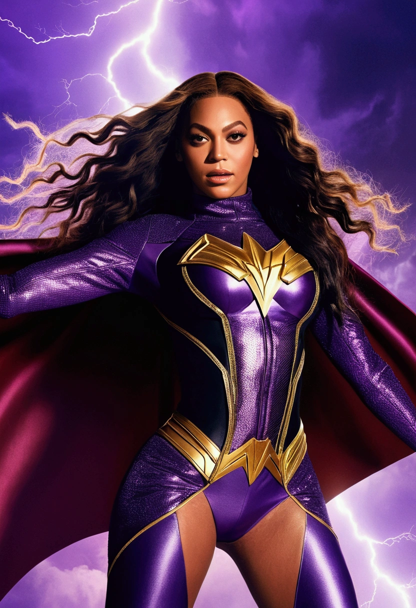 Beyoncé with a purple superhero costume and a cape, long black hair that reaches her buttocks, flyiing in the sky and attracts lightning