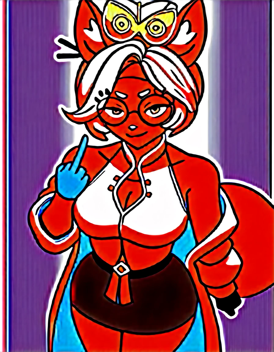 score_9, score_7_up score_6_up, score_5_up, source_furry, BREAK Anthro, antbro furry arctics fox, fox ears and tail, snout, one eye covered,purah,hair ornament, red headband, red glasses, sleeveless shirt, white coat, black skirt, red leggings, gloves,from above,looking at viewer,abstract background,flower petals,light particles,smug,closed mouth,middle finger