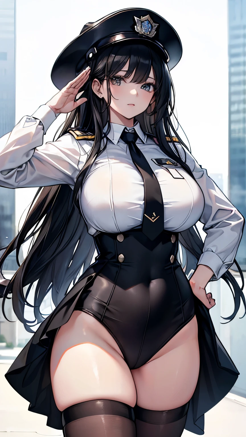 20 years old,1 mature woman,hyperrealistic, 8k, (extremely detailed 8k), (very delicate and beautiful), (masterpiece), (better quality:1.0), (ultra high resolution:1.0), (masterpiece, best quality),cute,black hair,cowboy shot,white background,realistic skin,big breasts,black nail,extra long hair,salute,police officer