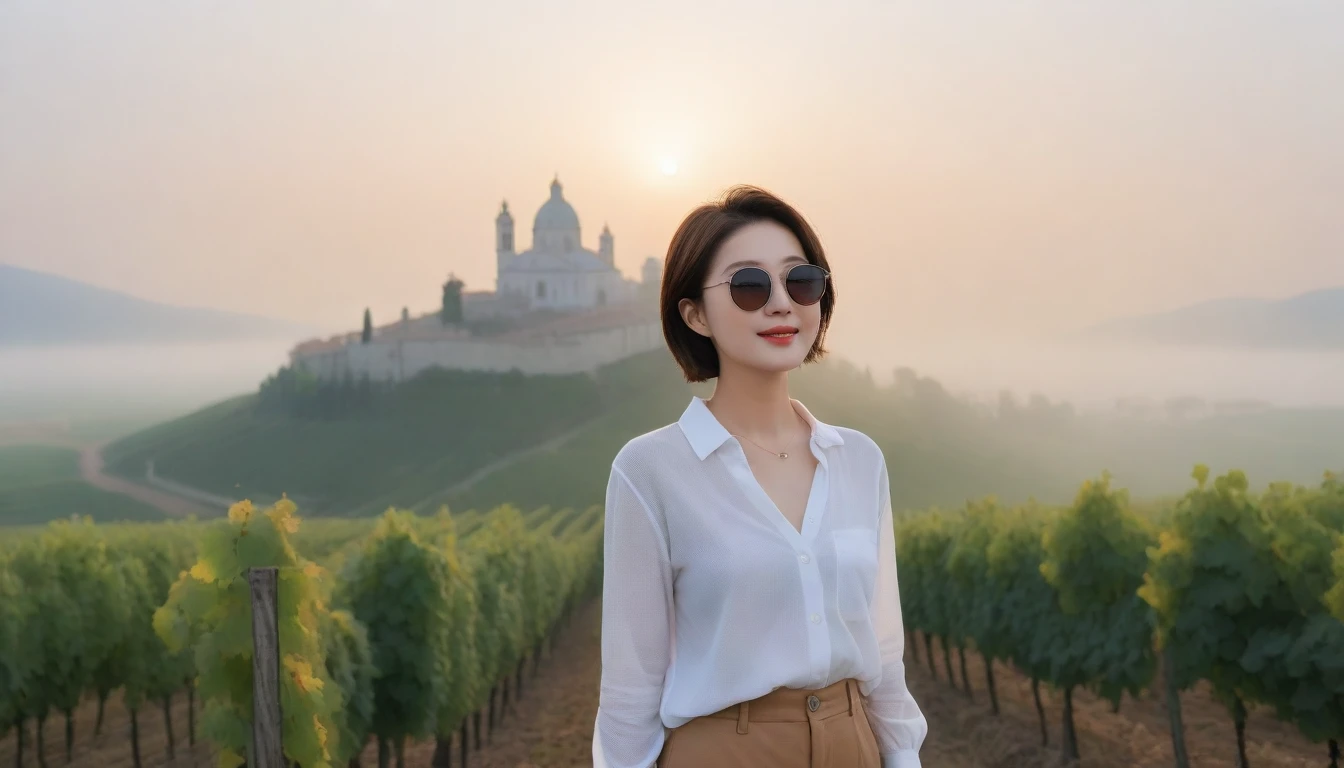 8k realistic, lifelike photo,, 36 year old Korean woman, Short in stature, pretty like a model. White shirt and short cardigan, casual pants, short medium hair, Smiley, Italy. vineyard, thick dawn fog. vineyard 멀리 짙은 안개 속으로 I can see the cathedral. 1 woman, Short in stature, Excellent picture quality, The morning fog is thick, The picture quality is alive. Looking up the side, bold sunglasses, sunrise red light, Wide angle lens full body shot, I can see the cathedral