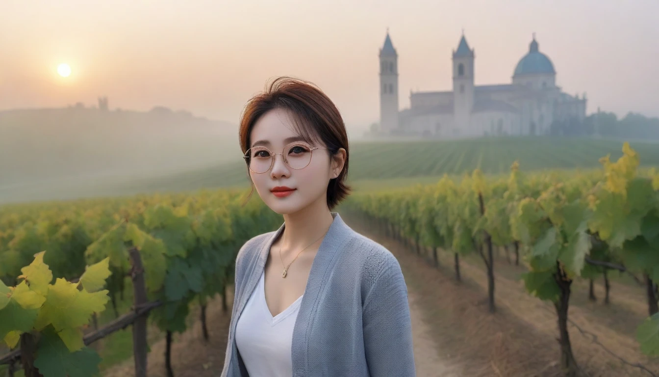 8k realistic, lifelike photo,, 36 year old Korean woman, Short in stature, pretty like a model. White shirt and short cardigan, casual pants, short medium hair, Smiley, Italy. vineyard, thick dawn fog. vineyard 멀리 짙은 안개 속으로 I can see the cathedral. 1 woman, Short in stature, Excellent picture quality, The morning fog is thick, The picture quality is alive. Looking up the side, bold sunglasses, sunrise red light, Wide angle lens full body shot, I can see the cathedral