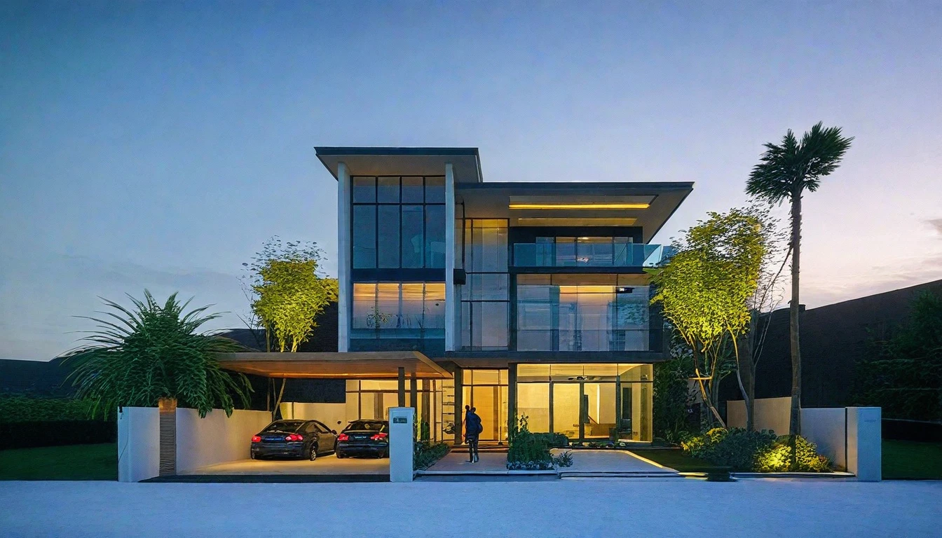arafed house with a car parked in front of it, contemporary house, realistic architecture, large modern residence, concept house, modern house, precise architectural rendering, architectural render, inter dimensional villa, architectural visualization, award-winning render, overall architectural design, architectural 3 d render, render to resolute perfection, one house, architectural visualisation, exterior design