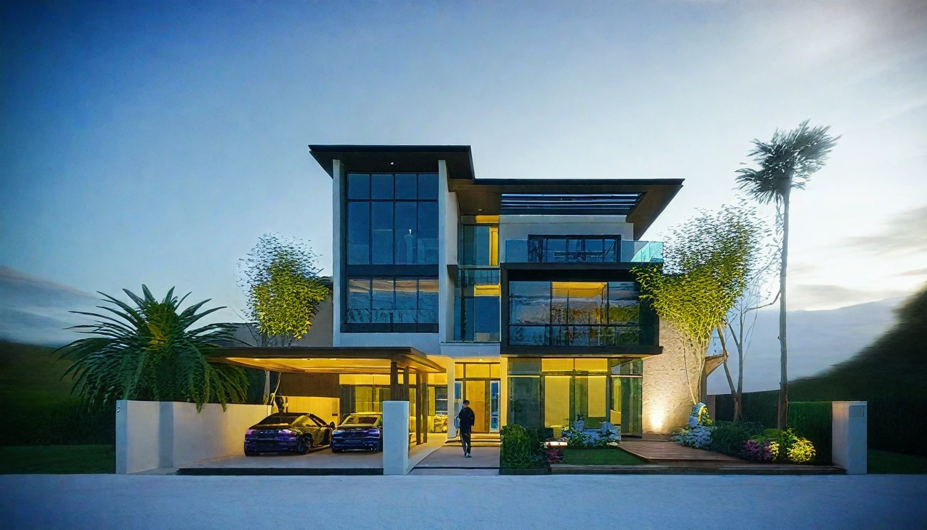 arafed house with a car parked in front of it, contemporary house, realistic architecture, large modern residence, concept house, modern house, precise architectural rendering, architectural render, inter dimensional villa, architectural visualization, award-winning render, overall architectural design, architectural 3 d render, render to resolute perfection, one house, architectural visualisation, exterior design