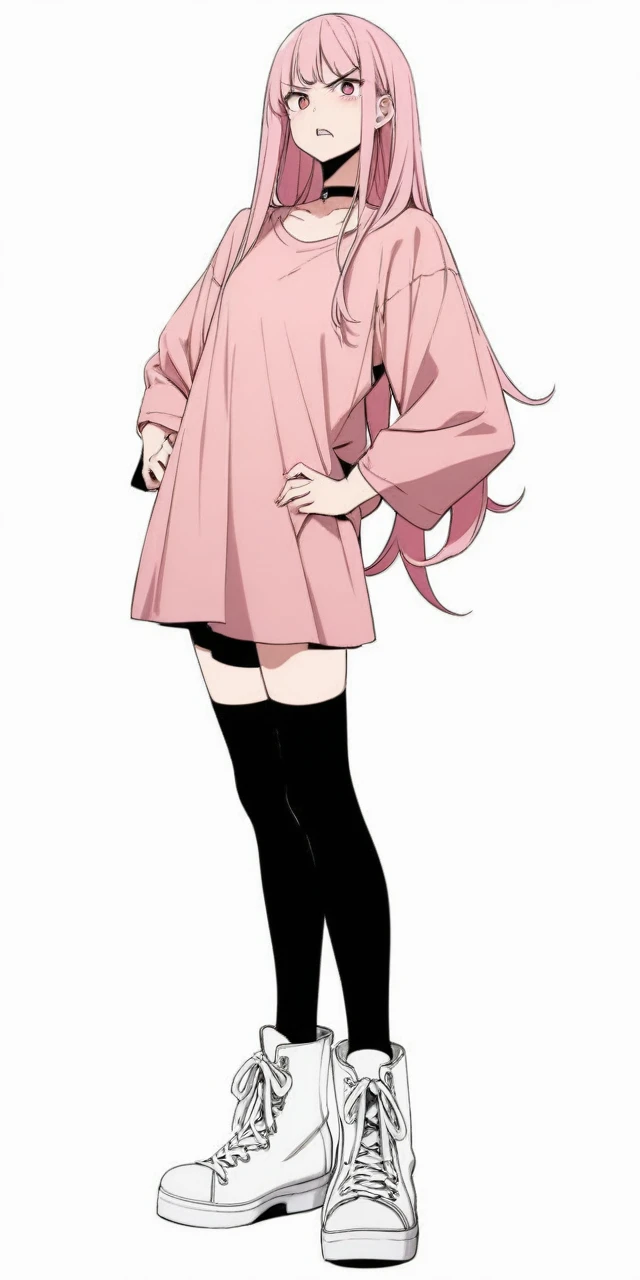 Woman. face with angry expression. long pink hair. Loose shirt below the waist, black choker, sapatos brancos