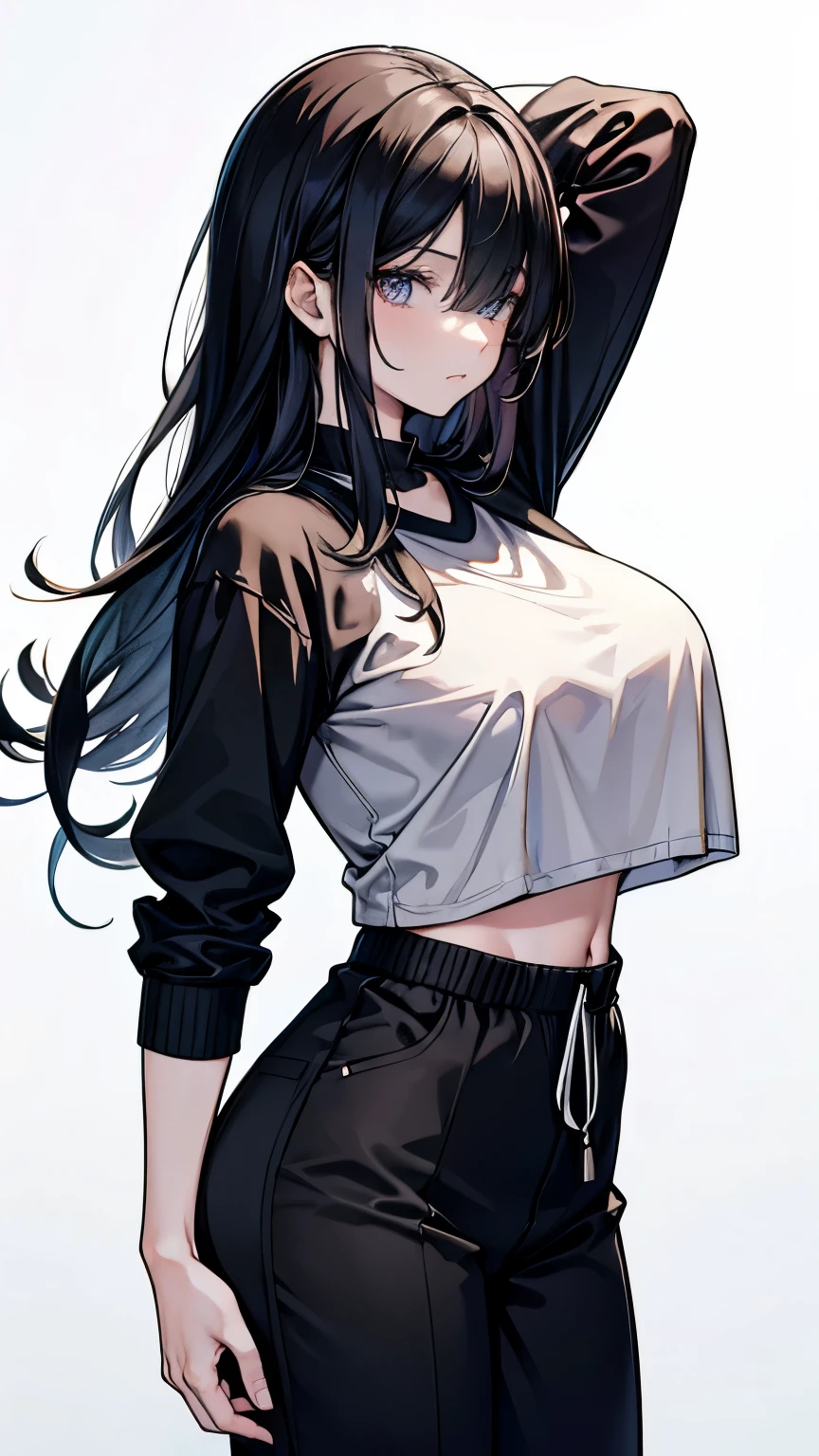 1girl, (((extremely long hair))), solo, ((((muscular)))), ((veins)), (black hair), (((yellow eyes))), blushing, (((thick thighs))), (((pale skin))), strong, veins, big thighs, ((huge breasts)), navel, standing, angry, shiny skin, (((casual clothes))), ((((sweaty))), (((shiny skin))), (((see-through))), ((hair down)), (((glowing eyes))), looking at viewer, (((loose white t-shirt))), (((black sweatpants))), (simple background)