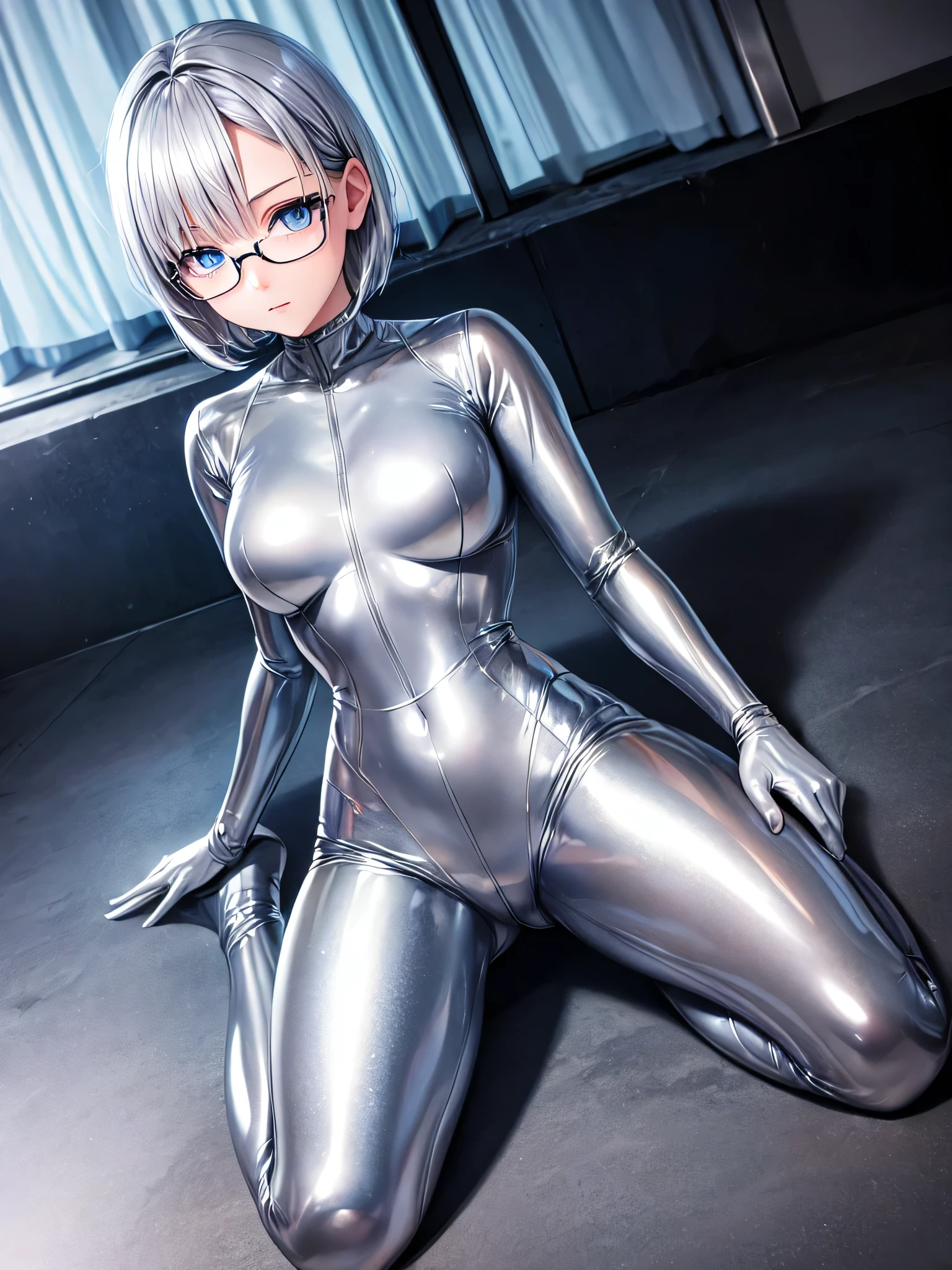 Highest quality 8K UHD、Mastepiece、Close-up、short hair、Blue Eyes、Open legs、Silver Hair、Glasses、Beautiful woman wearing seamless full-body silver metallic suit、Seamless full body silver metallic rubber suit