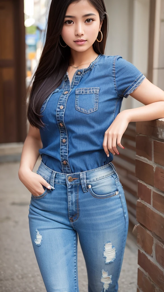 Generate 5 realistic photos of beautiful nepali Girl in top and jeans dress