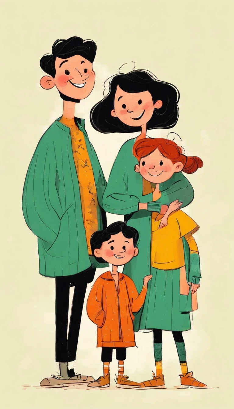 (((Exaggerated digital character sketches:1.37))).(Happy family,dad,Mother,elder brother,younger sister),(Black sketch lines,Loose brushstrokes create the outline,Cartoon Style. Bright colors and simplified lines, sketch)。(Exaggerated body movements),