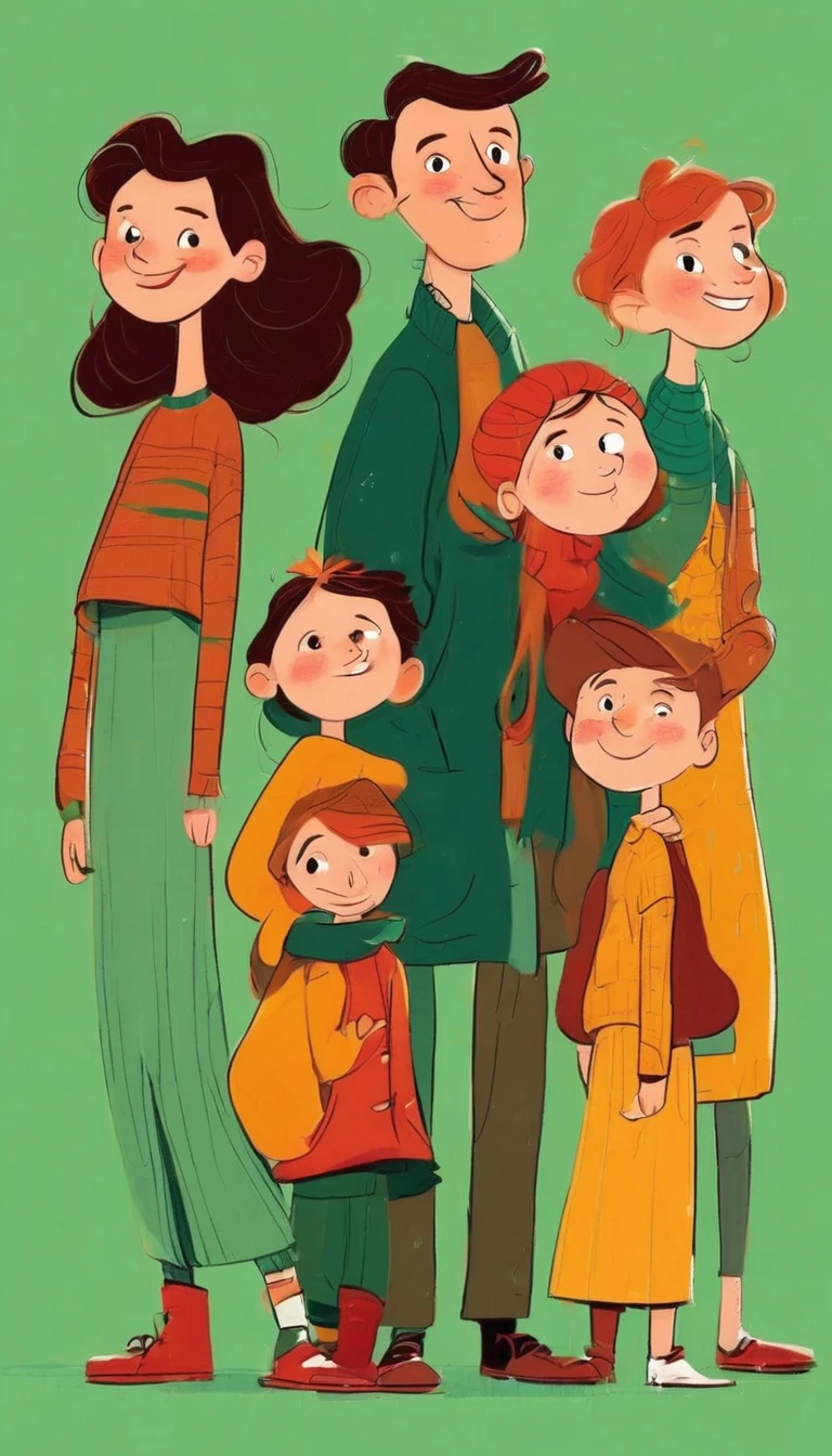 (((Exaggerated digital character sketches:1.37))).(Happy family,dad,Mother,elder brother,younger sister),(Black sketch lines,Loose brushstrokes create the outline,Cartoon Style. Bright colors and simplified lines, sketch)。(Exaggerated body movements),