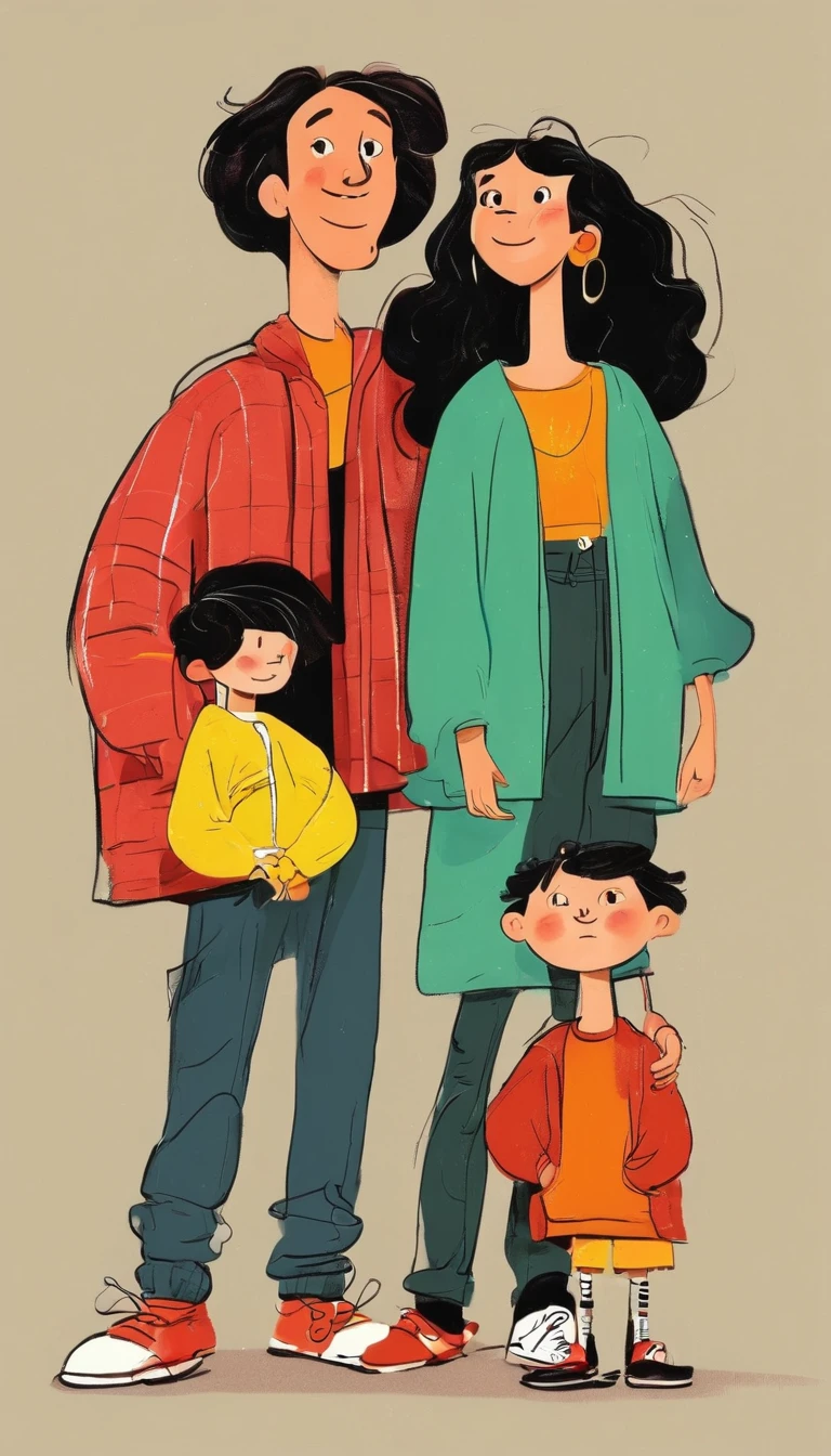 (((Exaggerated digital character sketches:1.37))).(Happy family，dad，Mother，elder brother，younger sister)，(Black sketch lines，Loose brushstrokes create the outline，Cartoon Style. Bright colors and simplified lines, sketch)。(Exaggerated body movements),