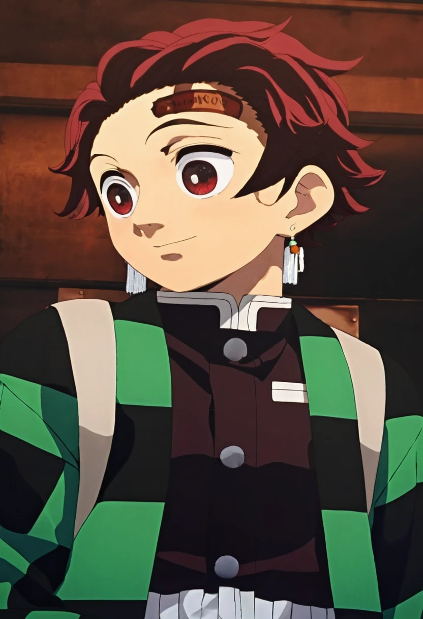 Kamando, tanjiro, male, black gradian red hair, burn scar on forehead, detailed face, detailed eyes, detailed hair, detailed clothes, ultra realistic, masterpiece.