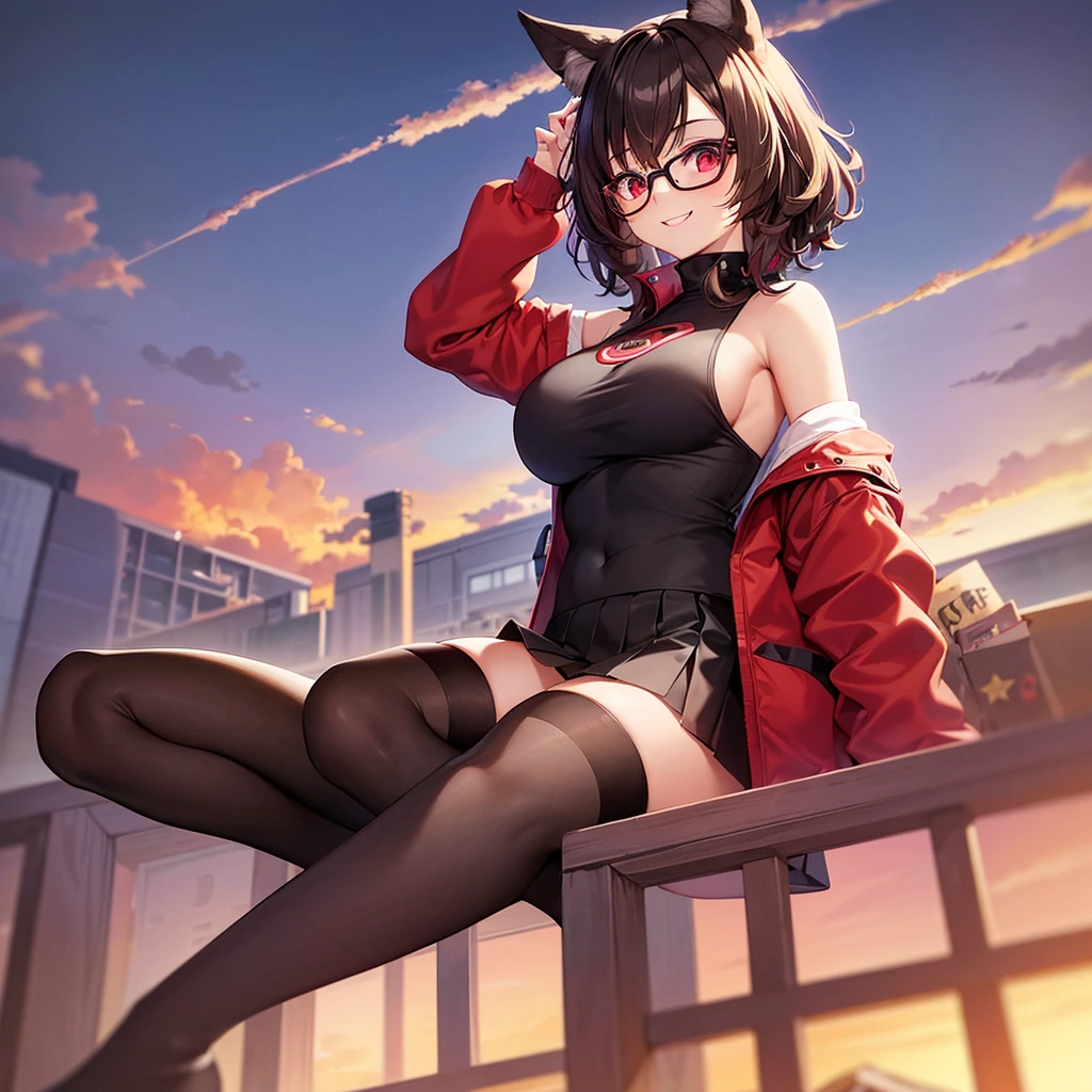 A nerd girl who is kind to other nerds, Girl body type, Light brown short hair with outward curls, Big Breasts, Mischievous Smile, Red Eyes, Animal Ears, Red Glasses, Hide your skin, Winter clothes, Black inner top, Black and red outer jacket, Black Skirt, Black knee-high socks, Free Pose, Under the sunset sky