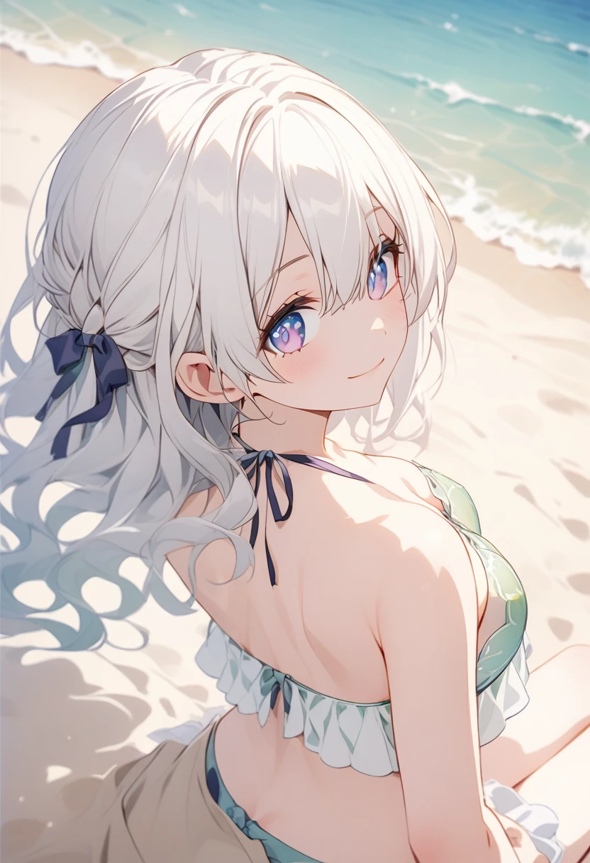 score_9,score_8_above,score_7_above, Firefly, light smile,Alone, long white hair, medium chest, wearing a sexy purple ruffled bikini, resting in the sand, back view, looking back,