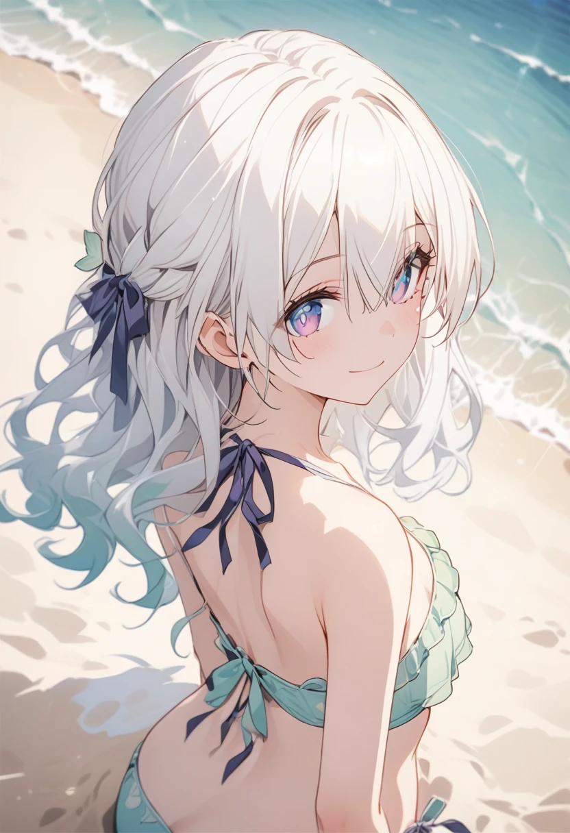 score_9,score_8_above,score_7_above, Firefly, light smile,Alone, long white hair, medium chest, wearing a sexy purple ruffled bikini, resting in the sand, back view, looking back,