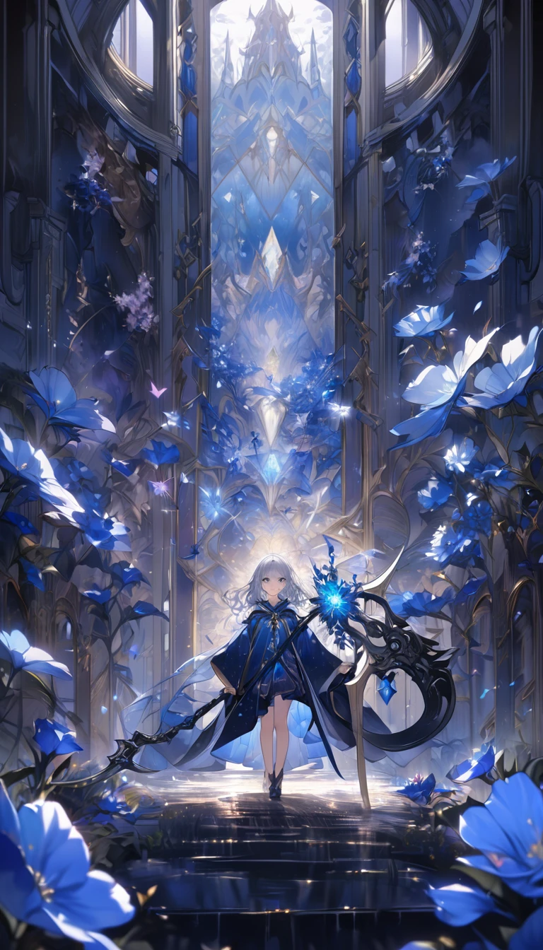 Highest quality,masterpiece,Detailed Details,Super detailed,colorful,The background is dark blue water,Transparency,Use HDR technology to create a sense of depth,beautiful,beautiful自然,Sacred atmosphere,,Alone,Wearing starry wizard robes,Stand in the center of the screen,The whole body faces this way,Look diagonally forward to the left,holding a scythe,A scythe blade made from a blue gem,A scythe handle made from a black gem.,Narrow and gentle eyes,mysterious,Silver hair decorated with blue flowers,Fantasy atmosphere,beautiful虹色の蝶々is flying in the air