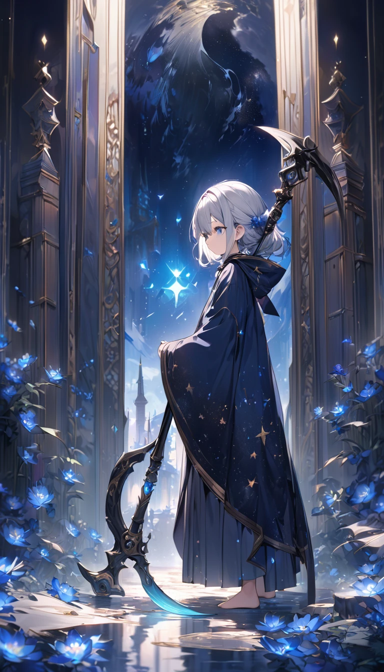 Highest quality,masterpiece,Detailed Details,Super detailed,colorful,The background is dark blue water,Transparency,Use HDR technology to create a sense of depth,beautiful,beautiful自然,Sacred atmosphere,8-year-old girl,Alone,Wearing starry wizard robes,Stand in the center of the screen,The whole body faces this way,Look diagonally forward to the left,holding a scythe,A scythe blade made from a blue gem,A scythe handle made from a black gem.,Narrow and gentle eyes,mysterious,Silver hair decorated with blue flowers,Fantasy atmosphere,beautiful虹色の蝶々is flying in the air