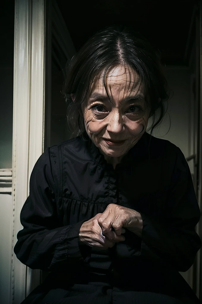 (masterpiece:1.4),(beautiful 60-year-old woman:1.5),(facial wrinkles :1.1),creepy smile, (long hair : 1.1), (wearing black mourning dress), detailed background, dark cinematic lighting 
