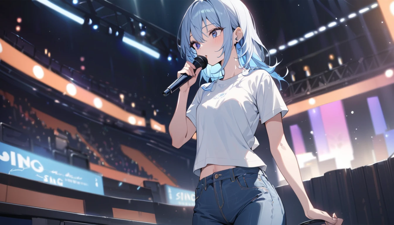 最high quality,high quality,masterpiece,,超High resolution,超high quality,Ultra delicate、Small breasts 、Slender body, (sing:1.3),Beautiful proportions, Hold the microphone to your mouth, Stage Background、T-Shirts、jeans、Light blue hair,It&#39;s about to start moving,The background is amazing,Rei Ayanami,No exposure,One girl,High resolution,Live feeling,Sharp focus, (One girl: 1.1),A small smile,Ayanami Rei,Eye details
