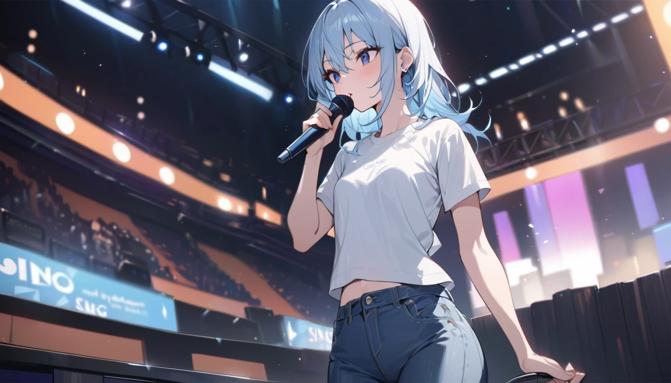 最high quality,high quality,masterpiece,,超High resolution,超high quality,Ultra delicate、Small breasts 、Slender body, (sing:1.3),Beautiful proportions, Hold the microphone to your mouth, Stage Background、T-Shirts、jeans、Light blue hair,It's about to start moving,The background is amazing,Rei Ayanami,No exposure,One girl,High resolution,Live feeling,Sharp focus, (One girl: 1.1),A small smile,Ayanami Rei,Eye details