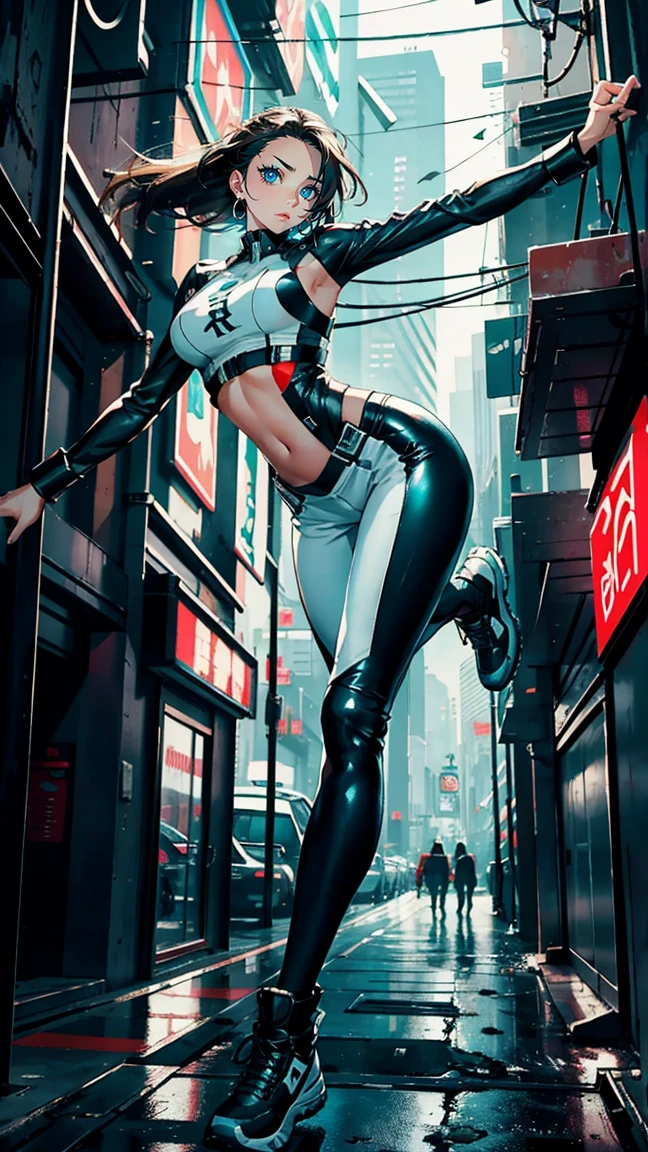 8K, Raw photo, highest quality, masterpiece, realistic, Photoreal, Full body, aerial view, cinematic lighting, Miranda May Kerr stands tall in a white Cyberpunk uniform with pants, a Very Long Shot, and her dark brown hair cascading down her shoulders. Her ultra-detailed face with beautiful features shines in the dimly lit cyberpunk setting. The sleek uniform accentuates her medium height and slender athletic figure. She wears it confidently, showcasing breasts beneath. Dynamic shooting poses to showcase her agility as she moves through the futuristic landscape.