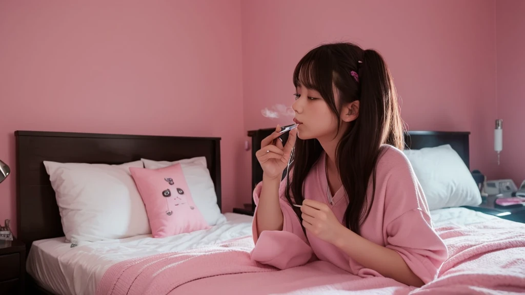 I would like you to draw a picture of a woman smoking a vape in her bedroom. I would like the vape to be a stick type, preferably on a pinkish background.、I like pictures that show the character engrossed in the smoke he exhales.。