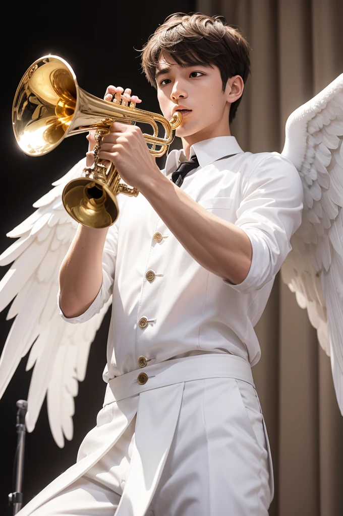 A male angel, in white clothes, playing a trumpet