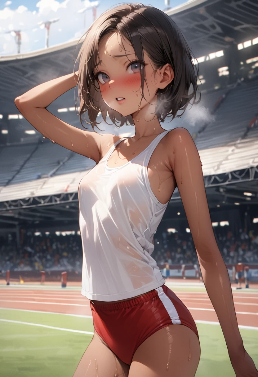 ((masterpiece,Highest quality:1.3,best quality illustration)),((realistic:1.2)),cowboy shot,独奏,1woman,18 year old beauty、black hair,short bob hair,(center parted bangs),black eyes,(gorgeous big eyes),((very small head:1.4)),blush,Heavy breathing,((slender body:1.2,skinny)),(tan skin:1.4),small breasts,(White tank top、school gym red buruma),White sports socks、White sneakers、gleaming skin,oily skin,slender body,sweat,Run、Athletics Stadium、Tokyo、