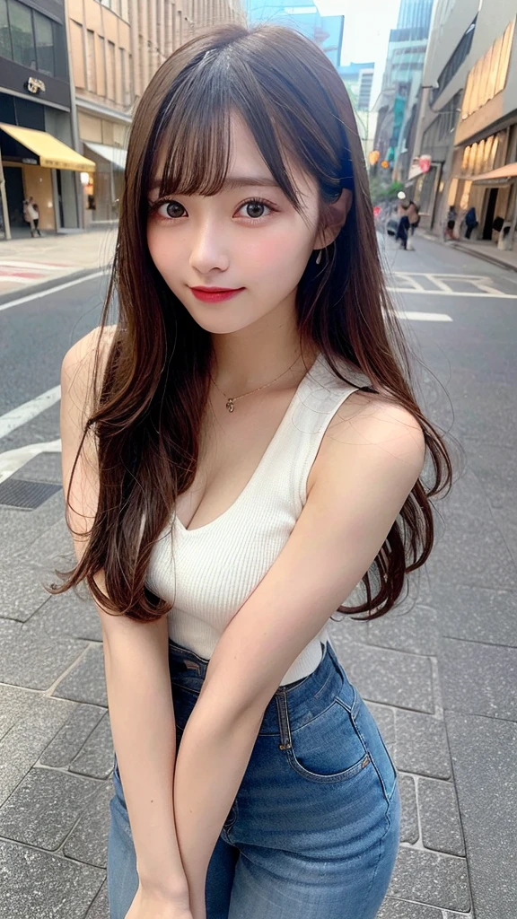 highest quality, shape, Very detailed, finely, High resolution, 8k wallpaper, Perfect dynamic shape, Beautiful and detailed, Summer clothes,Medium Hair,Natural color lip,smile,20-year-old girl、Midnight、Beautiful and elaborate face、Perfect and beautiful face、Slim face and figure,spread your arms wide,Big eyes,Take a photo with your face raised from below your knees、Small face、Beautifully detailed face、Perfect and beautiful double eyelids、Big cleavage、Long, Slender legs、One Woman、gravure、Skinny jeans、Watching the audience、runVery long hair, Blushing,