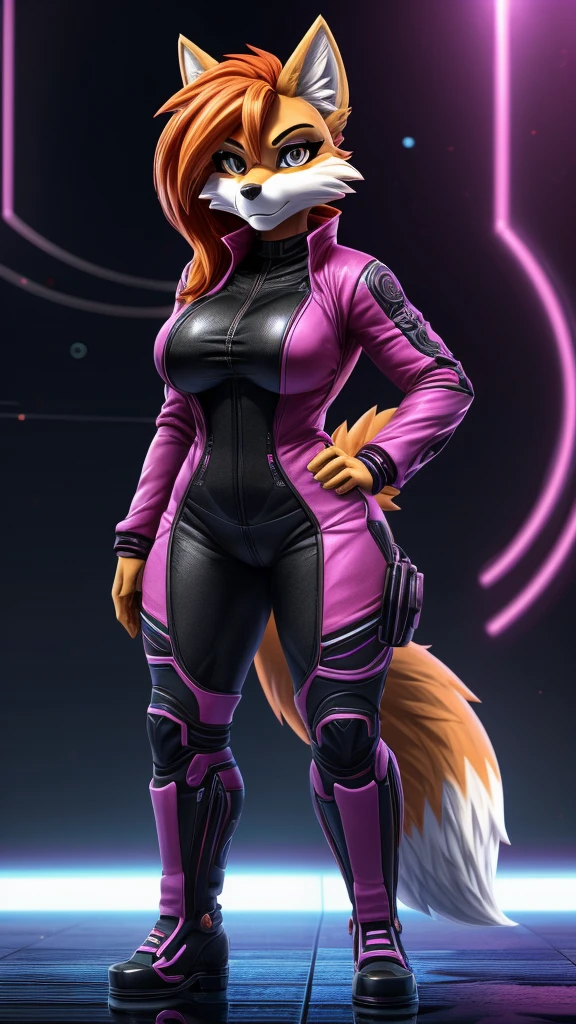 Skye from Paw Patrol, as a female fox, anthro, mature adult, long flowy orange hair, magenta iris, tall, muscular, massive female, curvy, techwear outfit, standing, serious, detailed, solo, beautiful, high quality, clear background, precise, anime style, 4K