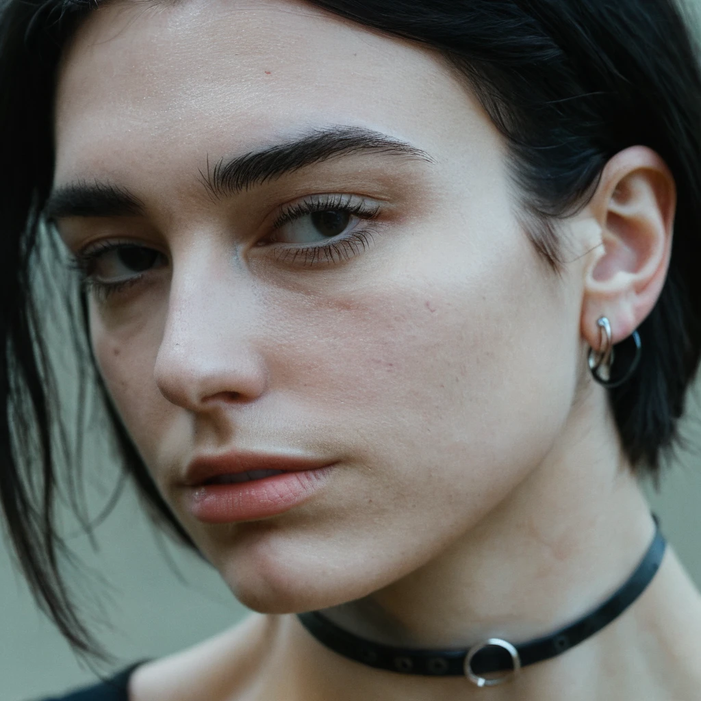 (skin texture, pores, Imperfections), Super high res portrait photo of a woman wearing a thin black ring choker wearing no makeup,f /2.8, Canon, 85mm,cinematographic, high quality, skin texture, looking to the camera, skin imperfections,